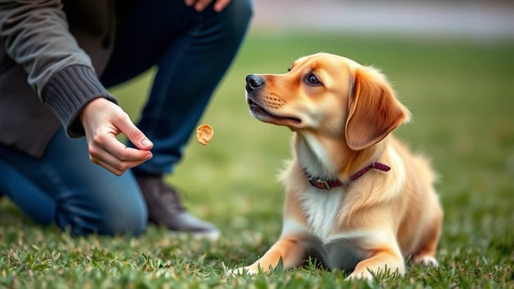 Pessoa treinando cachorro com petisco na mão, usando reforço positivo