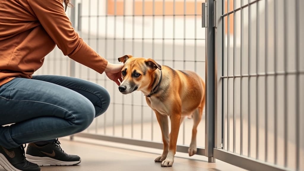 Pessoa acariciando cachorro adulto em abrigo, momento de decisão da adoção