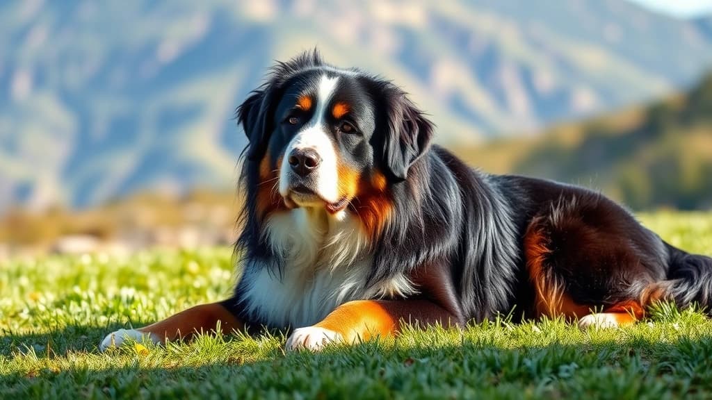 Cão da raça Bernese Mountain Dog de pelagem tricolor longa, deitado em ambiente fresco