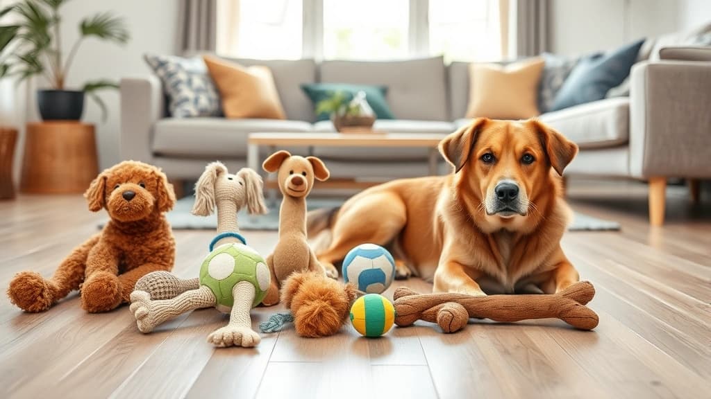 Brinquedos para cachorro de diferentes idades espalhados no chão de casa, com um cão ao lado