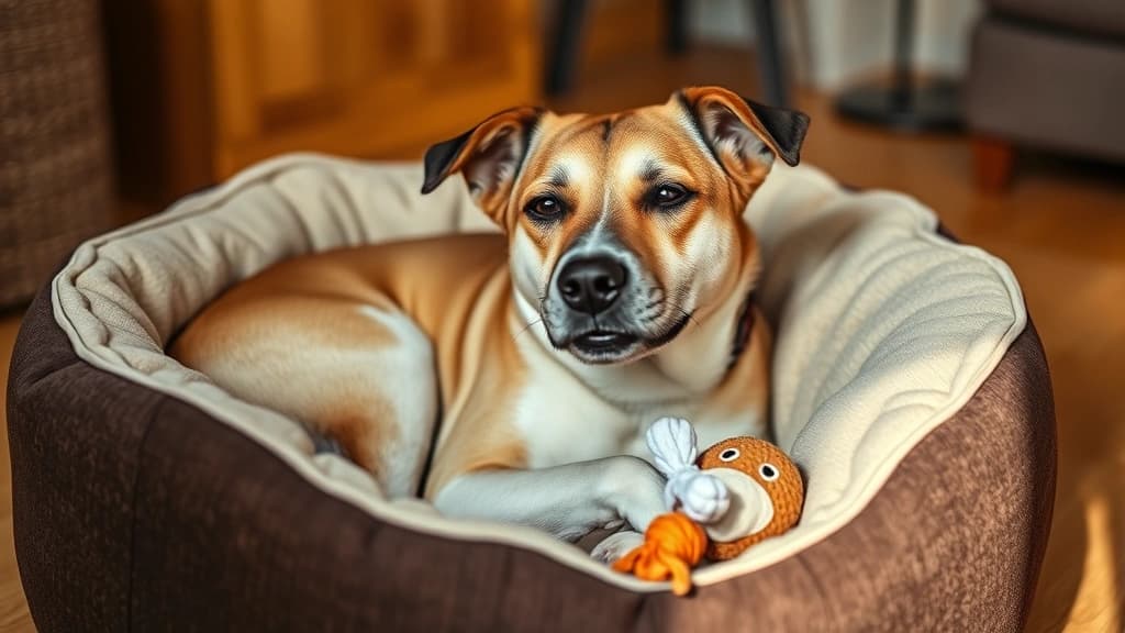 Cachorro relaxado descansando em cama própria, com brinquedo ao lado