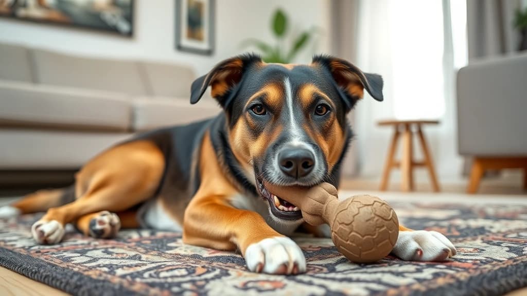 Cachorro adulto roendo mordedor apropriado, deitado no tapete