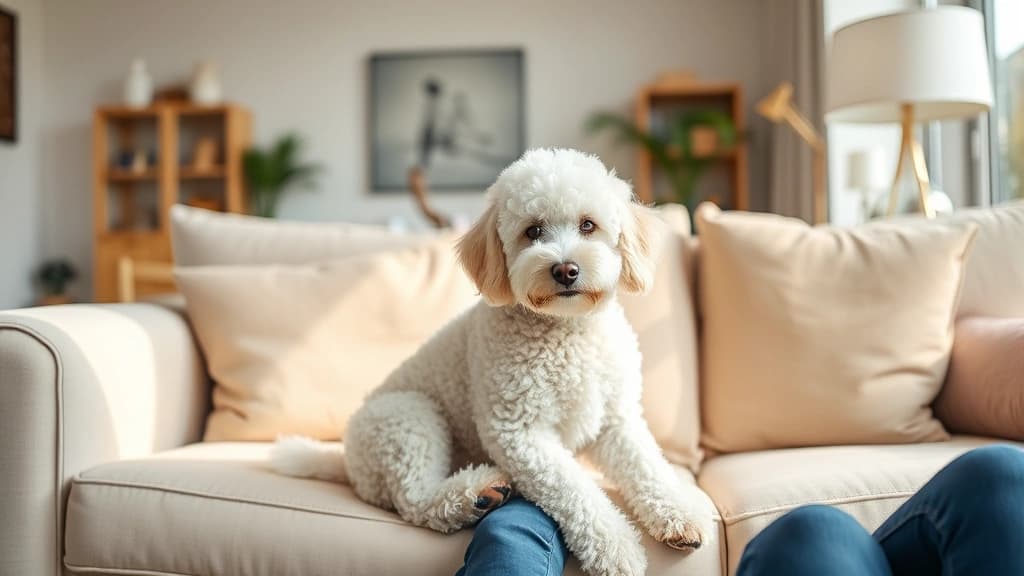 Poodle de pelo encordoado no colo de uma pessoa, raça indicada para quem tem alergia
