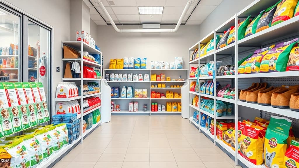 Interior organizado de pet shop com prateleiras de ração e acessórios