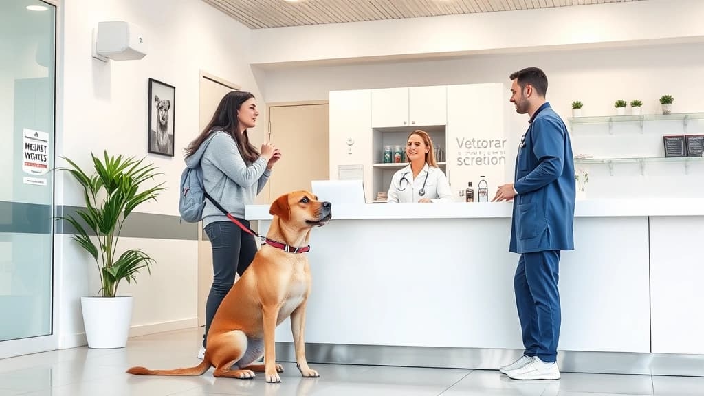 Tutor conversando com veterinária na recepção de clínica, com cão ao lado, escolha de serviço pet