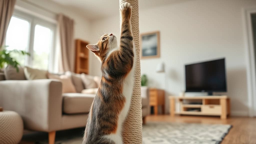 Gato usando arranhador vertical de sisal em sala de estar