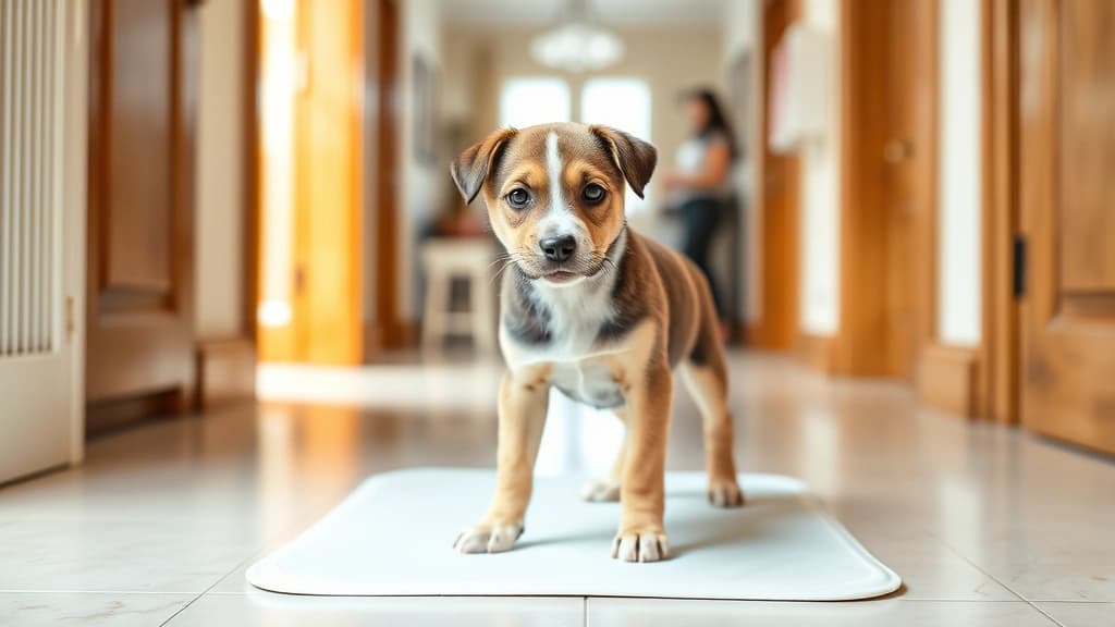 Filhote de cachorro sobre tapete higiênico em ambiente doméstico limpo