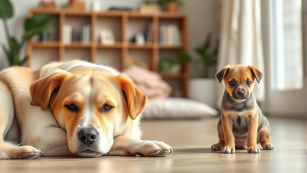 Cão adulto observando filhote recém-chegado, mantendo distância