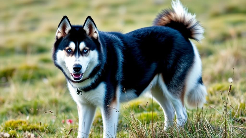 Husky Siberiano de olhos claros e pelagem dupla, em ambiente de clima fresco