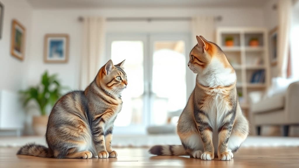 Dois gatos se observando à distância em sala, durante apresentação gradual