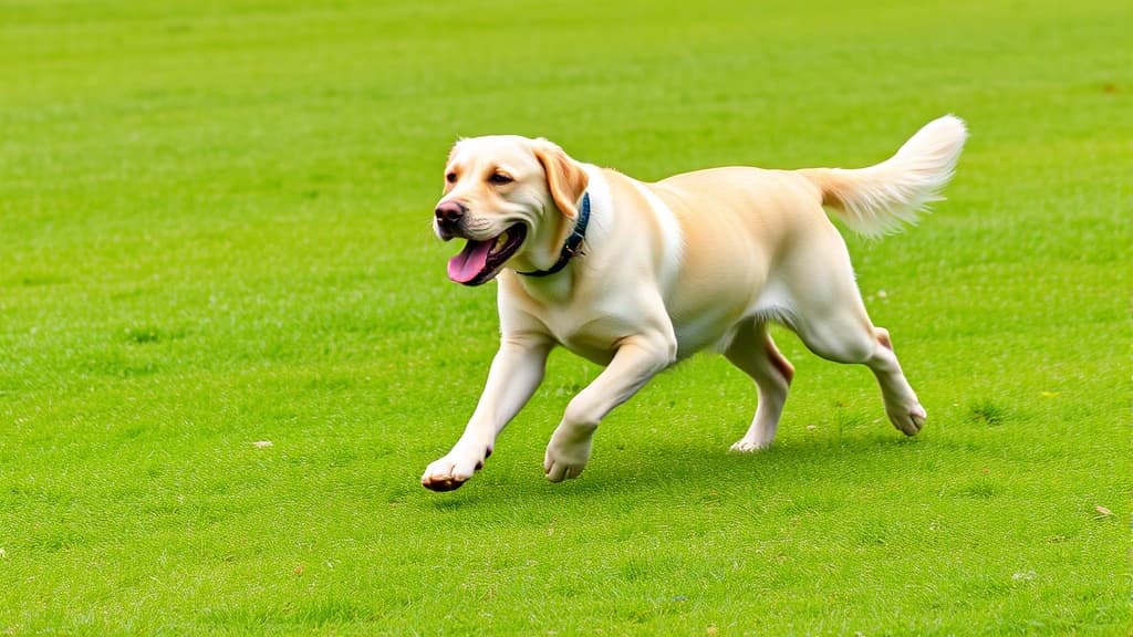 Labrador Retriever amarelo de pelo curto, correndo em área aberta