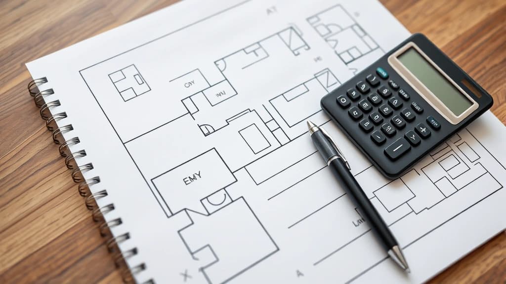 Calculadora, planta baixa e caderno sobre mesa, planejamento de investimento de pet shop