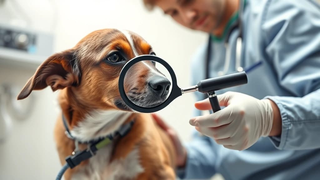 Veterinário examinando a pele de um cão com lupa em consultório