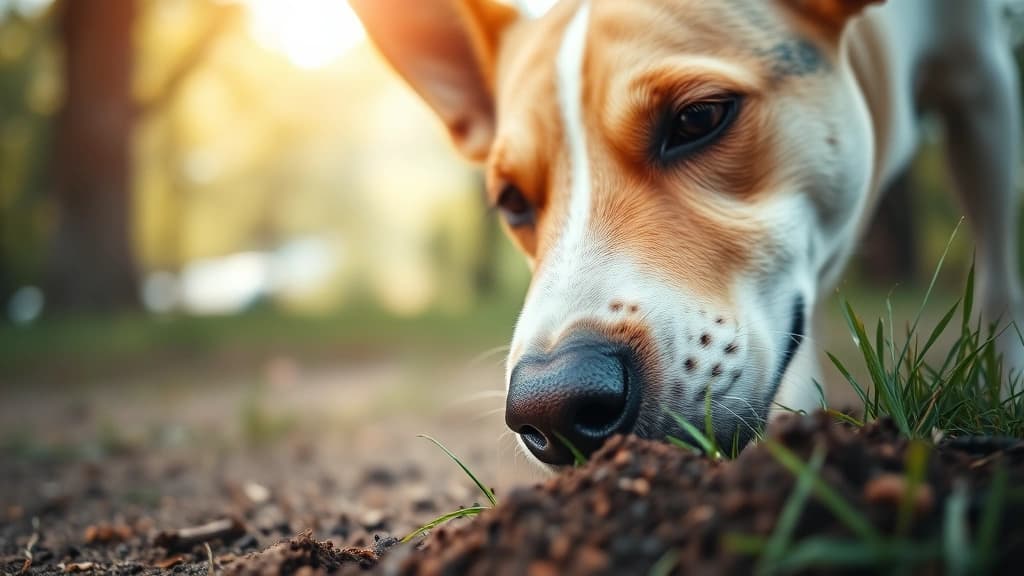 Cachorro farejando o chão com atenção, mostrando o olfato apurado da espécie