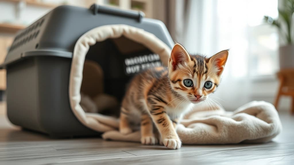 Gatinho filhote explorando caixa de transporte e cama nova em casa