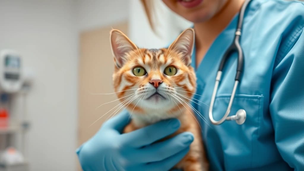 Gato sendo examinado com cuidado por veterinária em clínica