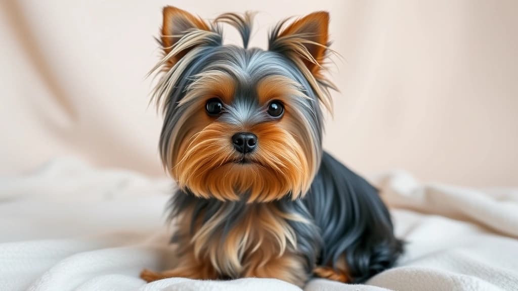 Yorkshire Terrier de pelo longo sedoso, sentado sobre superfície clara