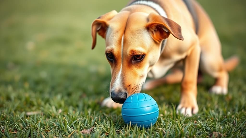 Cachorro fixado numa bolinha azul no gramado, prestes a persegui-la