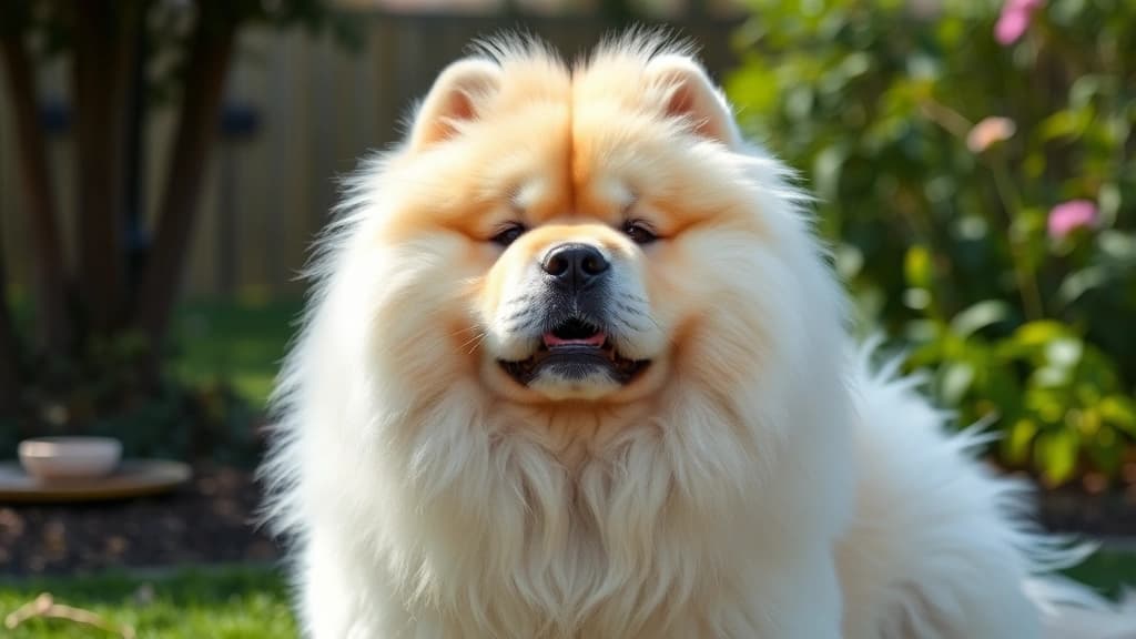 Chow Chow de juba densa e pelagem dupla, sentado em ambiente sombreado