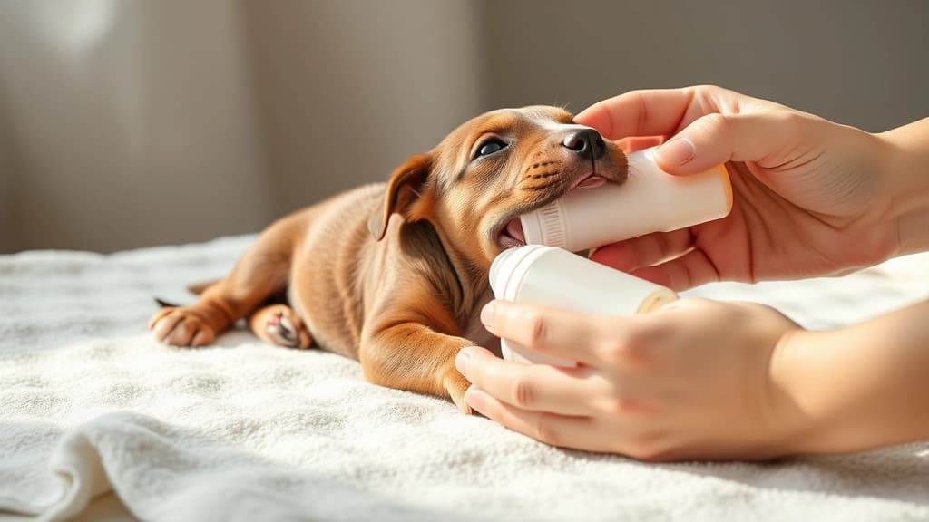 Filhote de cachorro recém-nascido sendo alimentado na mamadeira, apoiado de bruços
